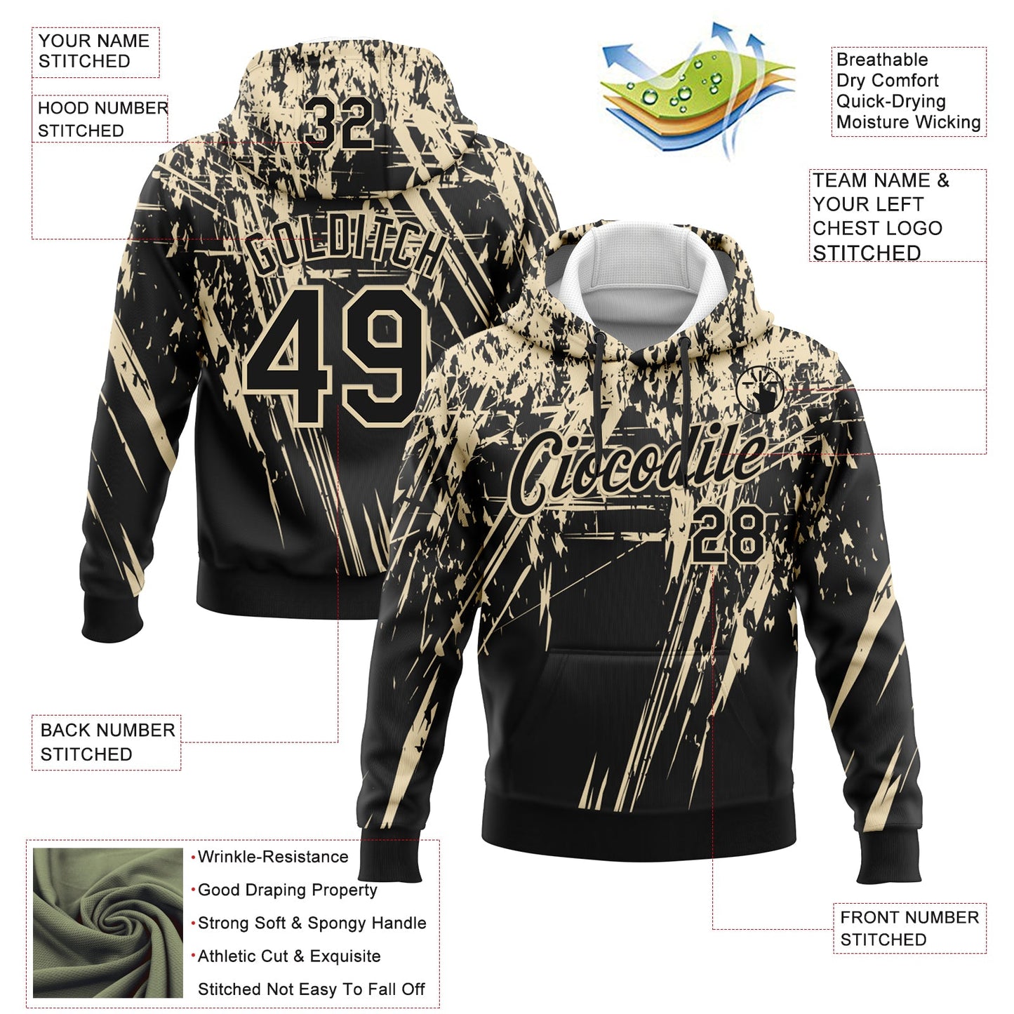 Custom Stitched Black Cream 3D Pattern Design Splash Grunge Art Sports Pullover Sweatshirt Hoodie view 2