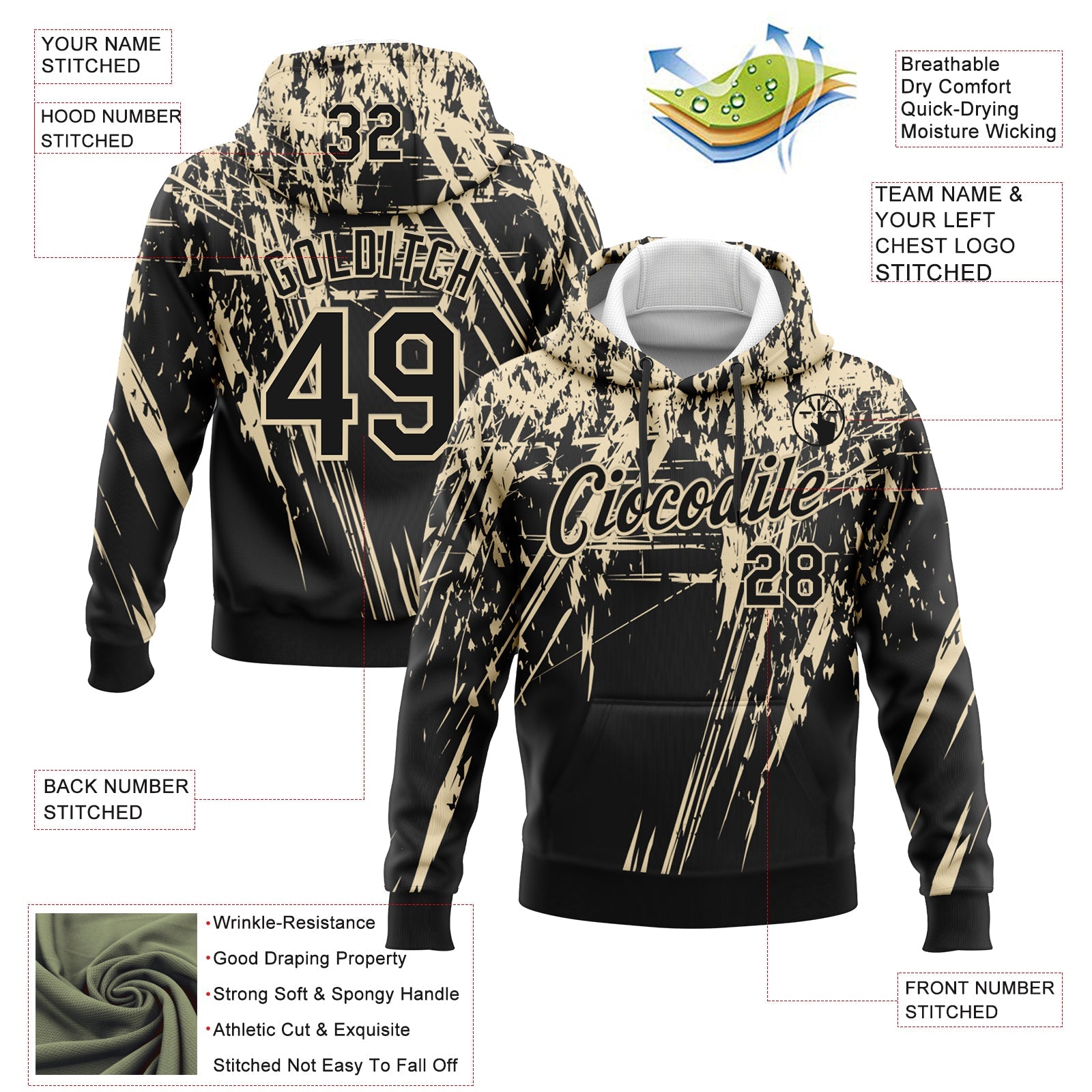 Custom Stitched Black Cream 3D Pattern Design Splash Grunge Art Sports Pullover Sweatshirt Hoodie view 2