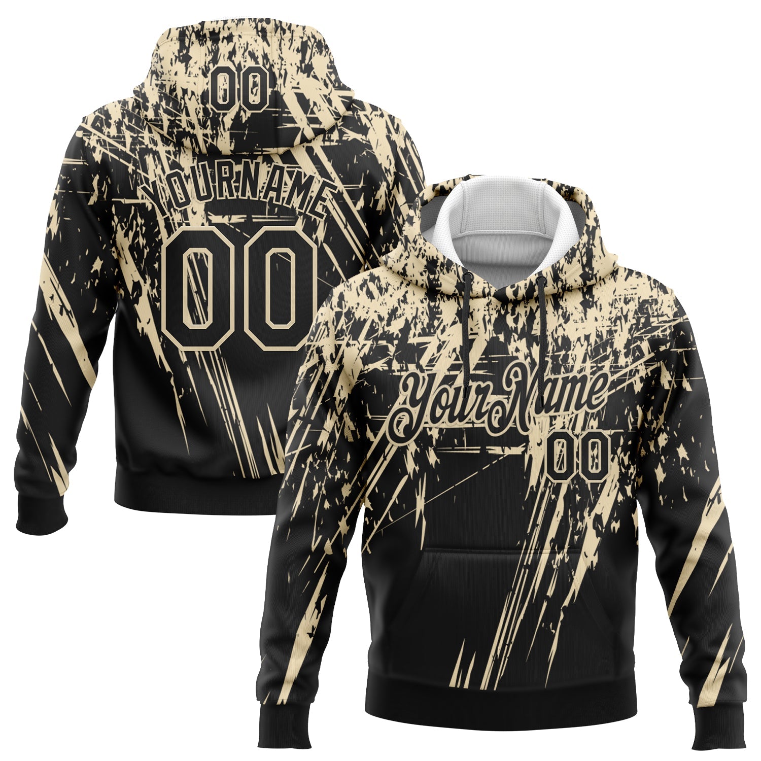 Custom Stitched Black Cream 3D Pattern Design Splash Grunge Art Sports Pullover Sweatshirt Hoodie - Main View