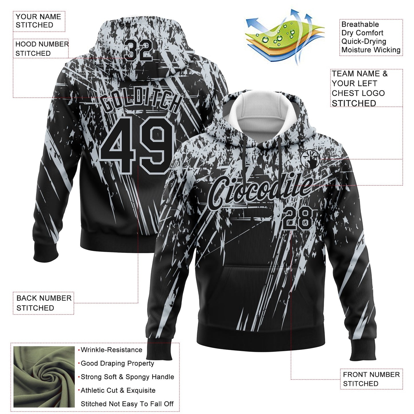 Custom Stitched Black Silver 3D Pattern Design Splash Grunge Art Sports Pullover Sweatshirt Hoodie view 2