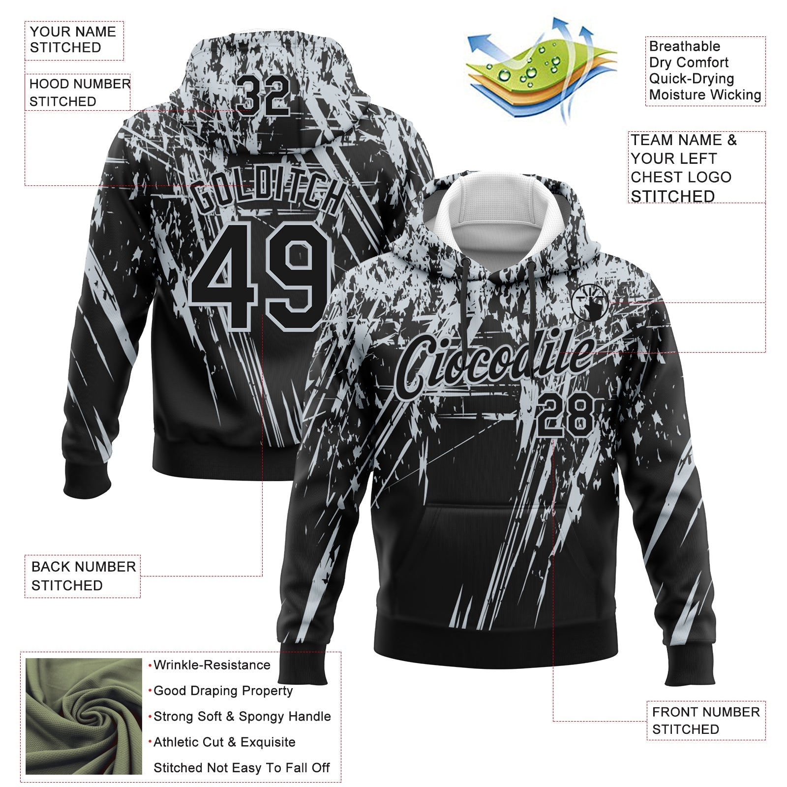 Custom Stitched Black Silver 3D Pattern Design Splash Grunge Art Sports Pullover Sweatshirt Hoodie view 2