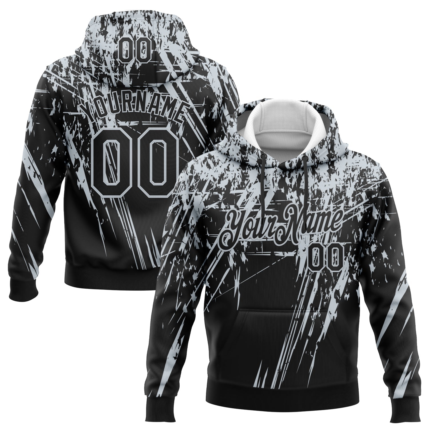 Custom Stitched Black Silver 3D Pattern Design Splash Grunge Art Sports Pullover Sweatshirt Hoodie - Main View
