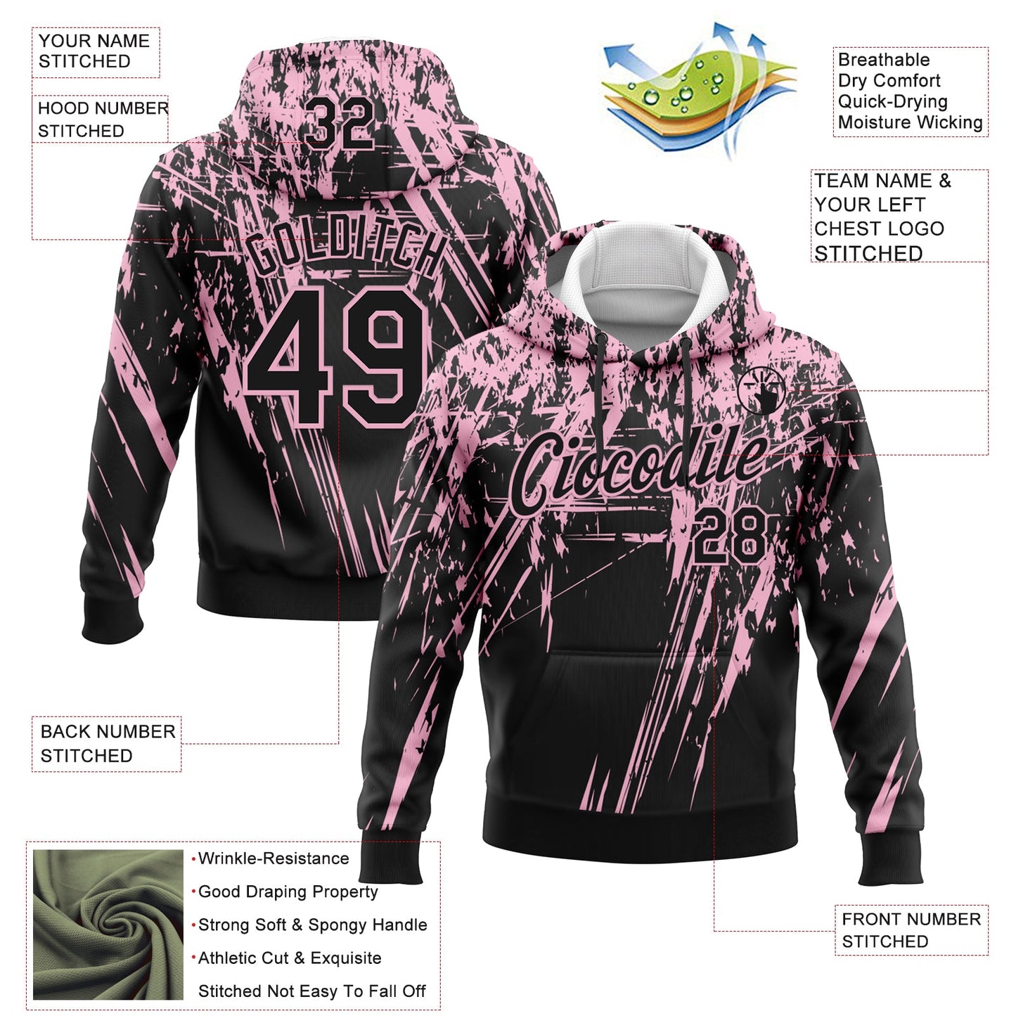 Custom Stitched Black Light Pink 3D Pattern Design Splash Grunge Art Sports Pullover Sweatshirt Hoodie view 2