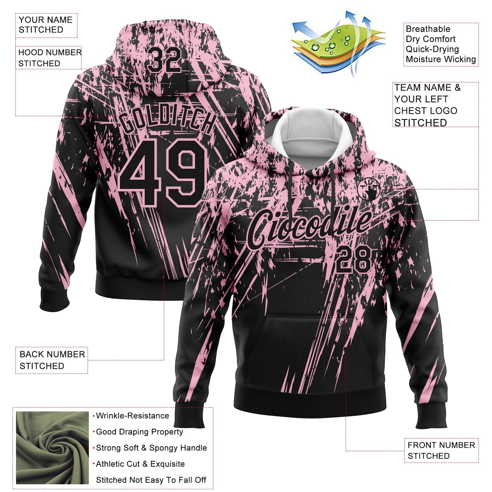 Custom Stitched Black Light Pink 3D Pattern Design Splash Grunge Art Sports Pullover Sweatshirt Hoodie view 2