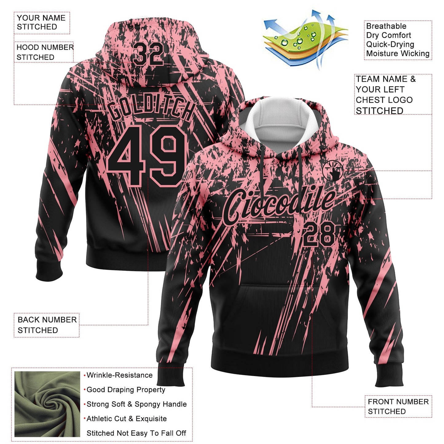 Custom Stitched Black Medium Pink 3D Pattern Design Splash Grunge Art Sports Pullover Sweatshirt Hoodie view 2