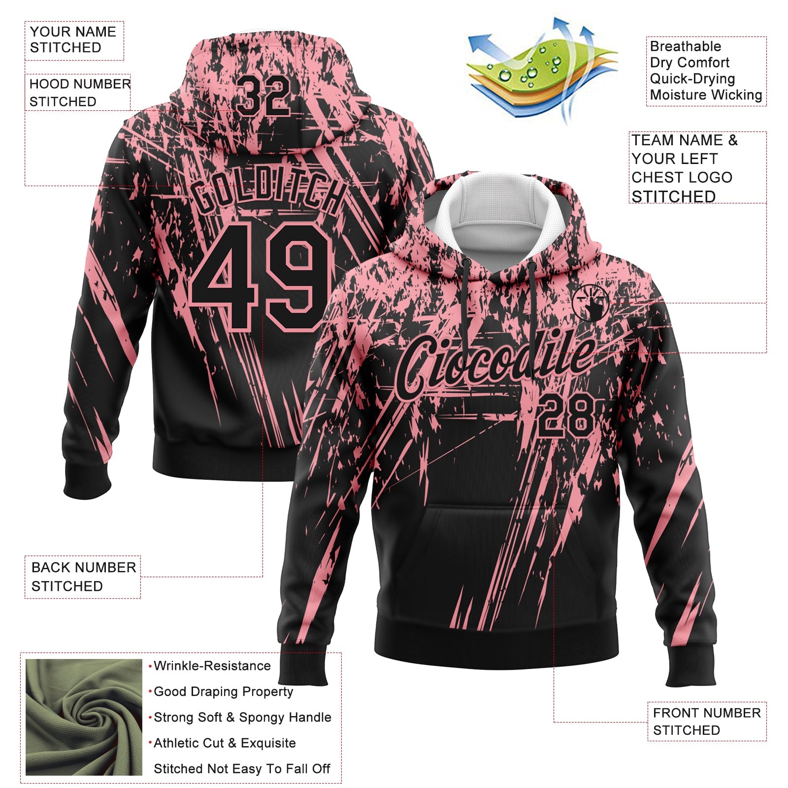 Custom Stitched Black Medium Pink 3D Pattern Design Splash Grunge Art Sports Pullover Sweatshirt Hoodie view 2