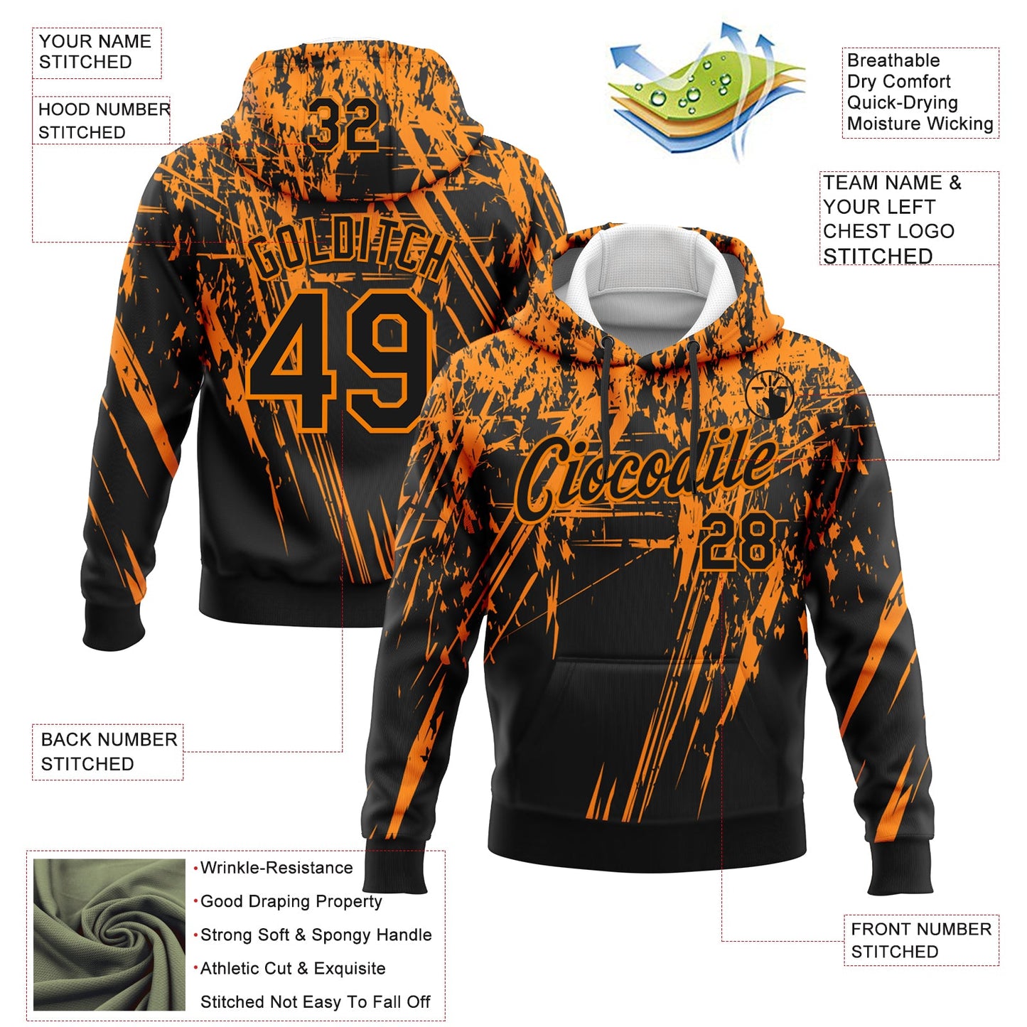 Custom Stitched Black Bay Orange 3D Pattern Design Splash Grunge Art Sports Pullover Sweatshirt Hoodie view 2