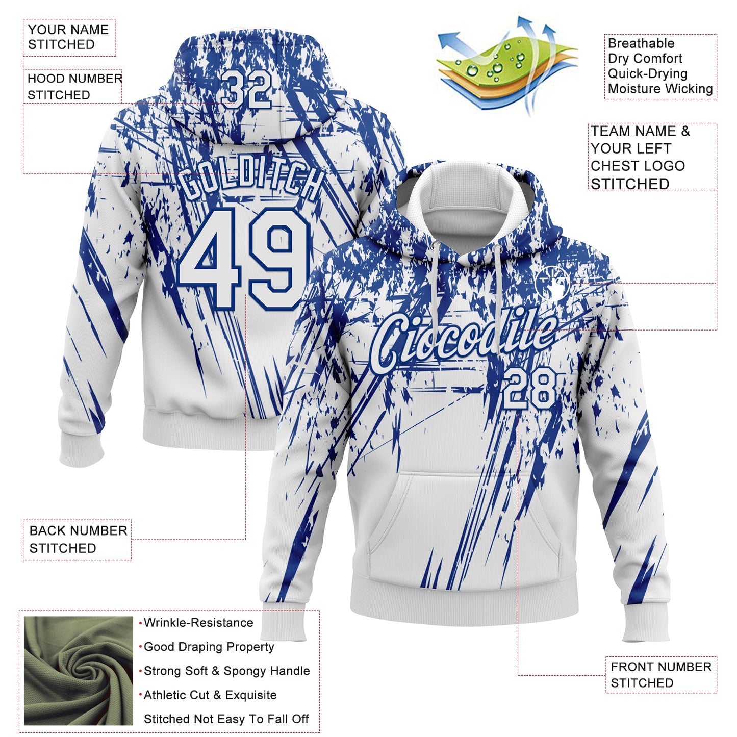 Custom Stitched White Royal 3D Pattern Design Splash Grunge Art Sports Pullover Sweatshirt Hoodie view 2