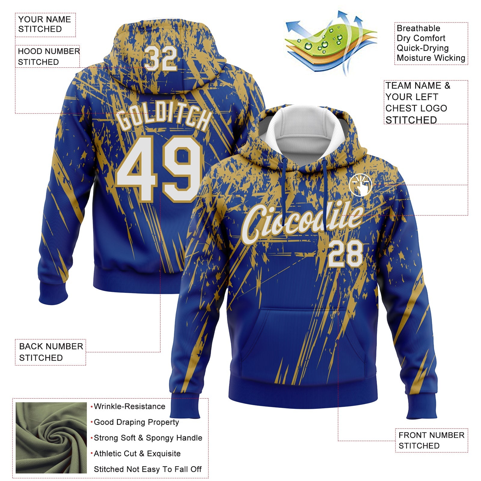 Custom Stitched Royal White-Old Gold 3D Pattern Design Splash Grunge Art Sports Pullover Sweatshirt Hoodie view 2