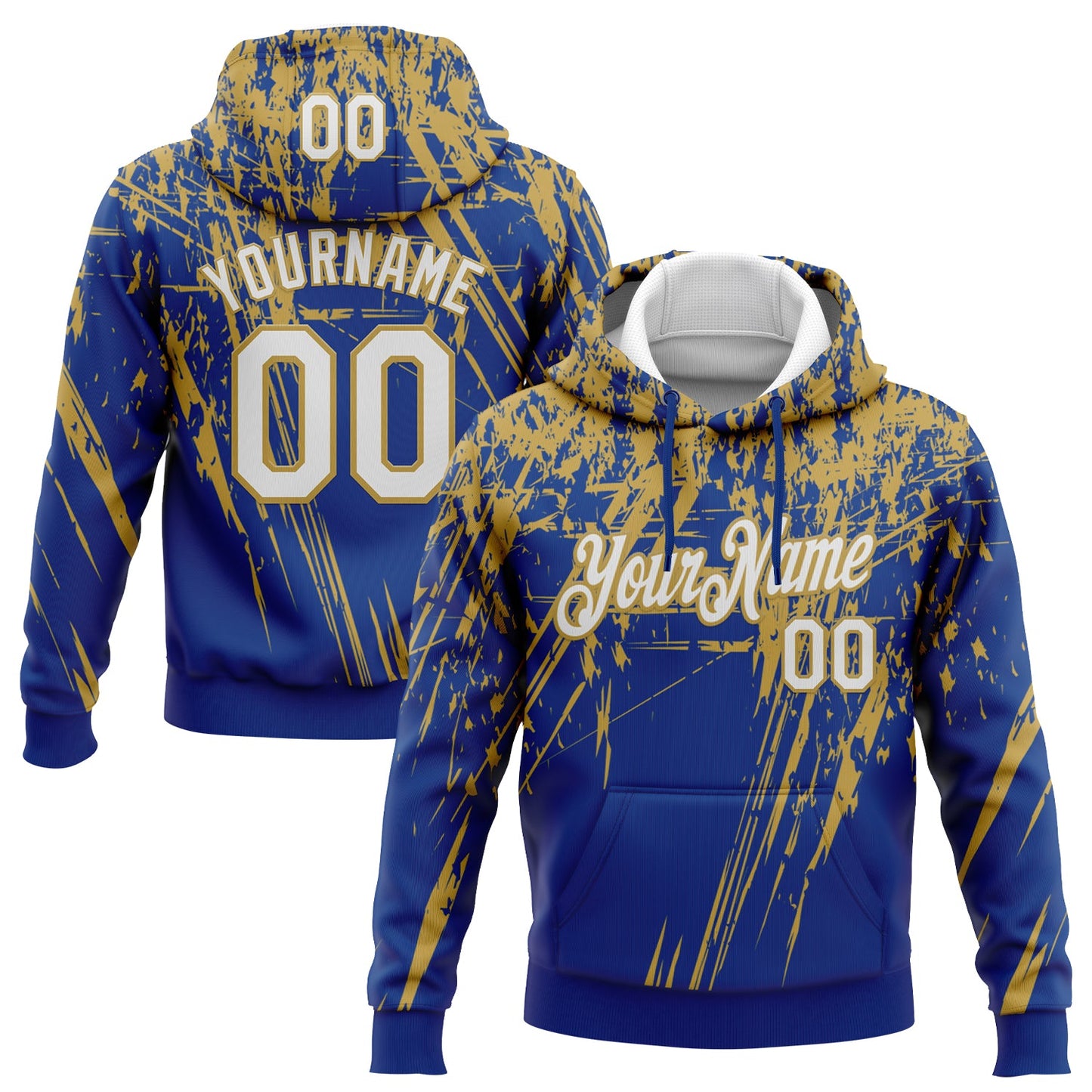Custom Stitched Royal White-Old Gold 3D Pattern Design Splash Grunge Art Sports Pullover Sweatshirt Hoodie - Main View