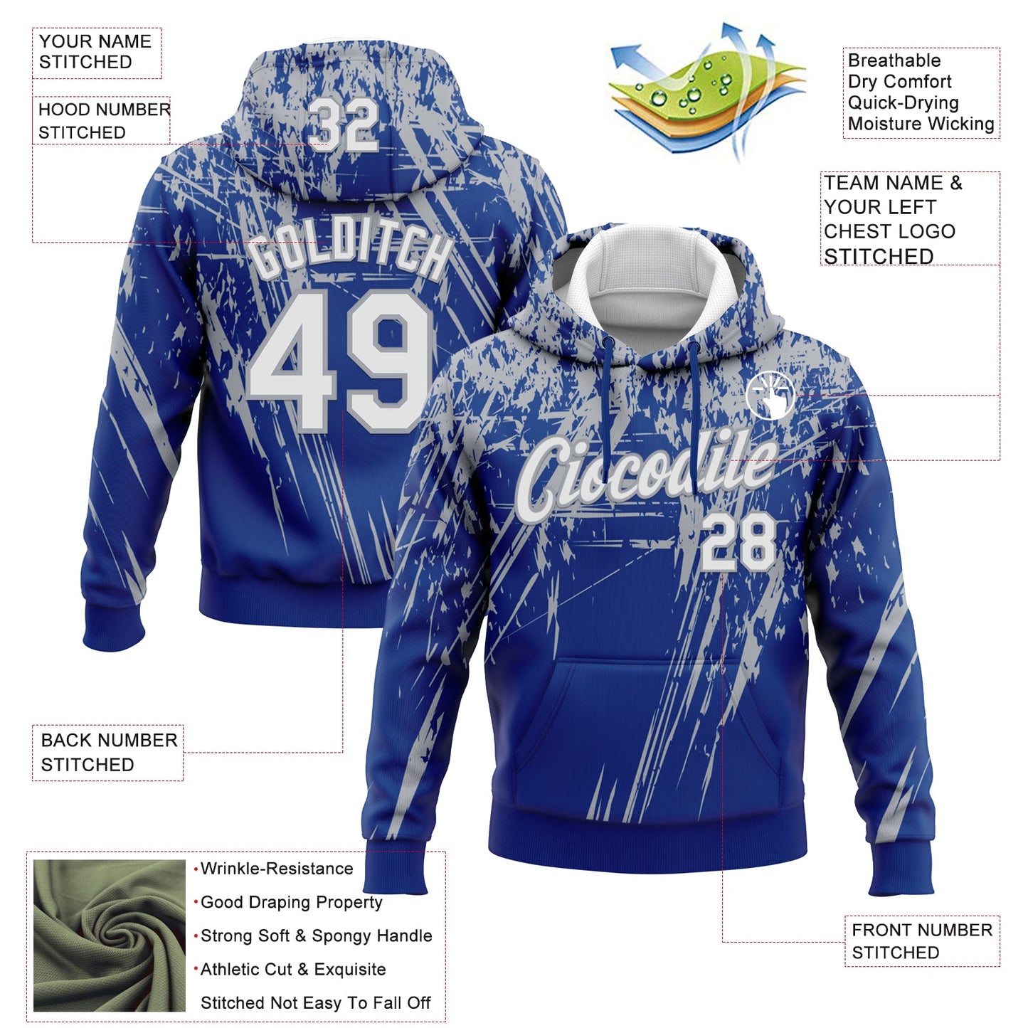 Custom Stitched Royal White-Gray 3D Pattern Design Splash Grunge Art Sports Pullover Sweatshirt Hoodie view 2