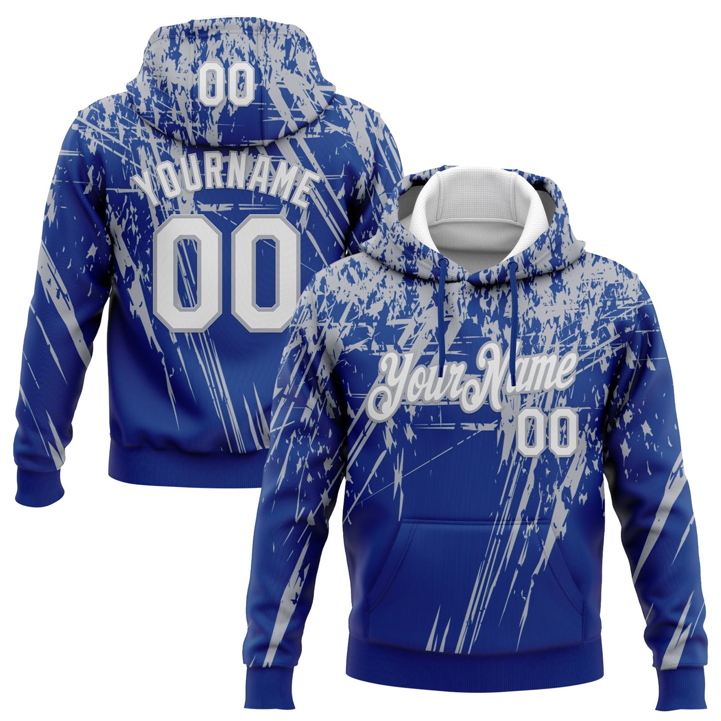 Custom Stitched Royal White-Gray 3D Pattern Design Splash Grunge Art Sports Pullover Sweatshirt Hoodie - Main View