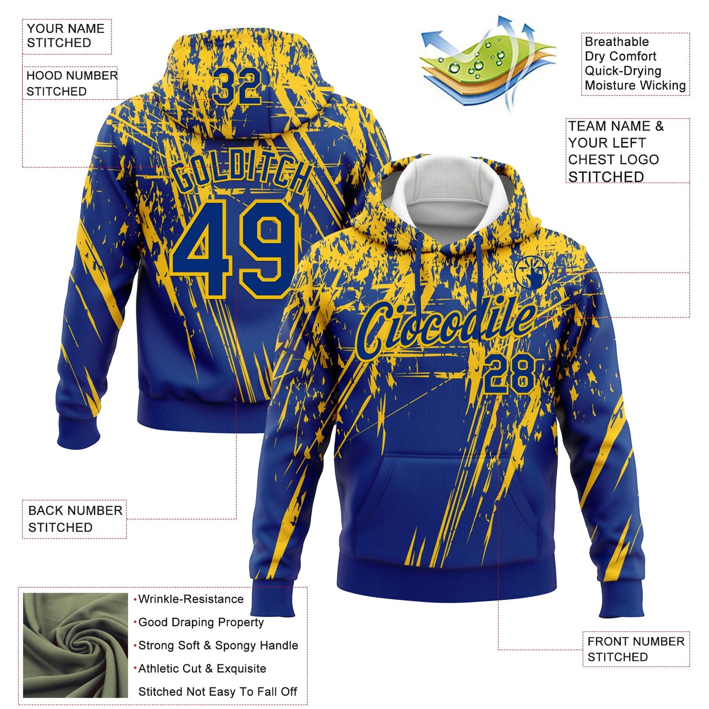 Custom Stitched Royal Yellow 3D Pattern Design Splash Grunge Art Sports Pullover Sweatshirt Hoodie view 2