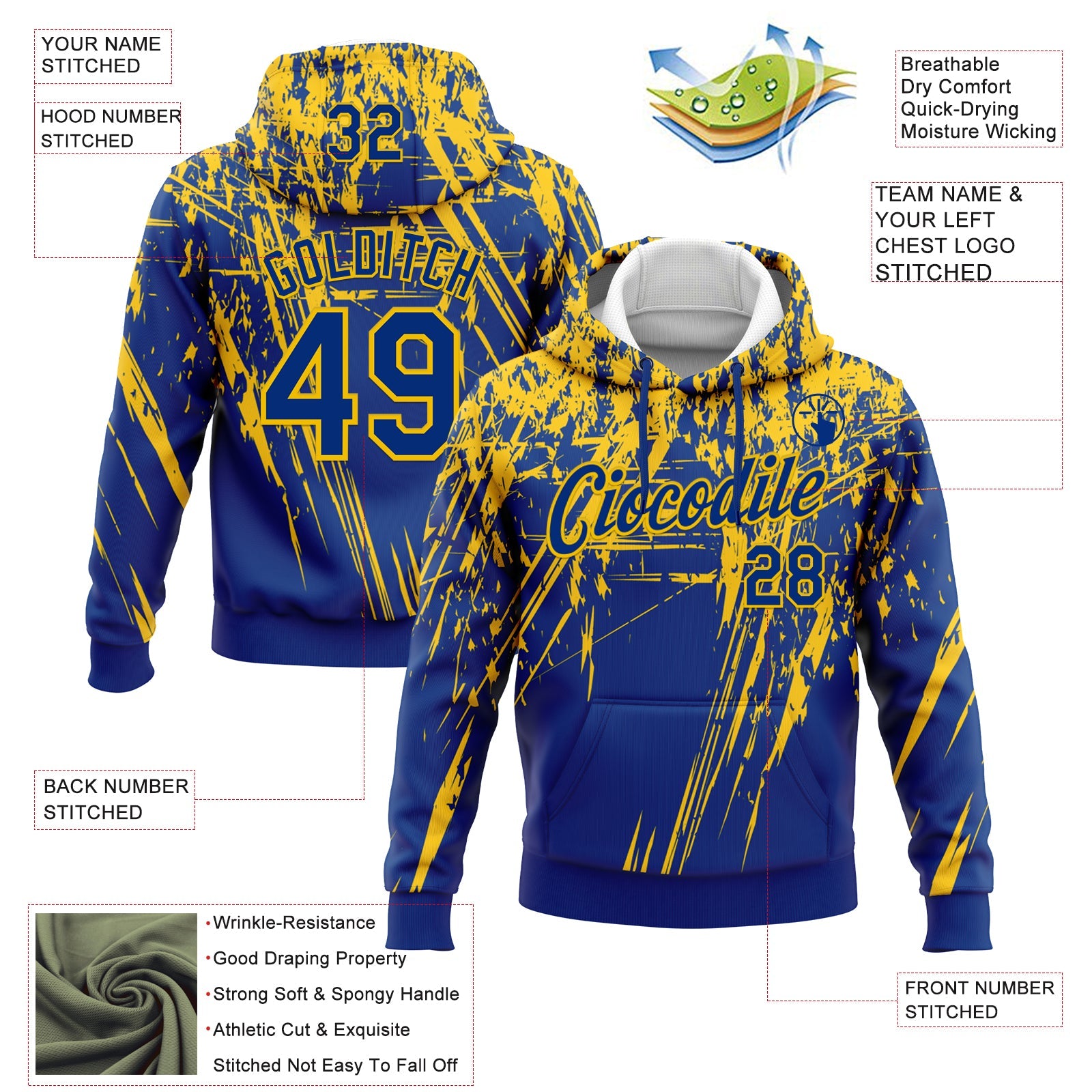 Custom Stitched Royal Yellow 3D Pattern Design Splash Grunge Art Sports Pullover Sweatshirt Hoodie view 2