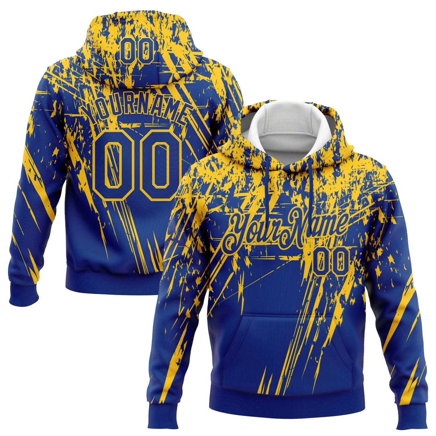 Custom Stitched Royal Yellow 3D Pattern Design Splash Grunge Art Sports Pullover Sweatshirt Hoodie - Main View