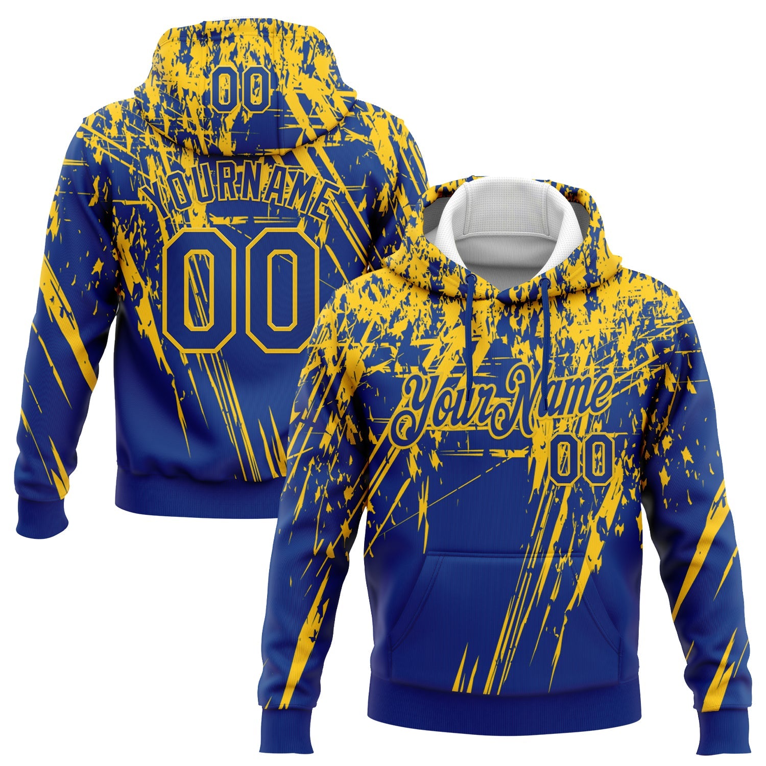 Custom Stitched Royal Yellow 3D Pattern Design Splash Grunge Art Sports Pullover Sweatshirt Hoodie - Main View