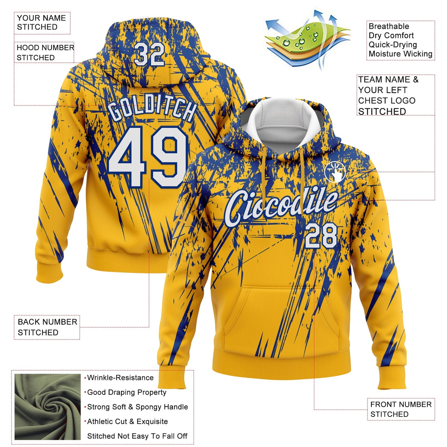 Custom Stitched Gold White-Royal 3D Pattern Design Splash Grunge Art Sports Pullover Sweatshirt Hoodie view 2