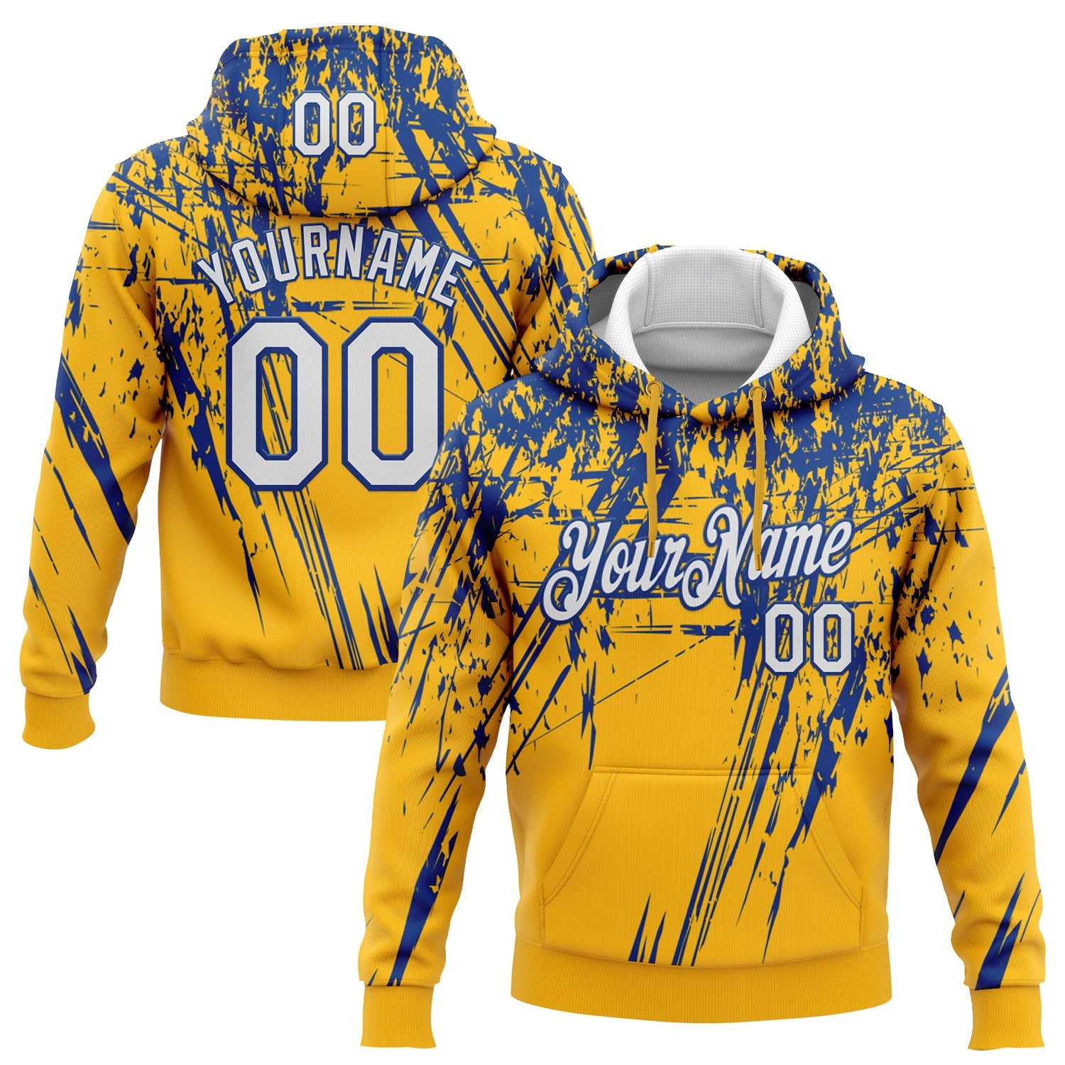 Custom Stitched Gold White-Royal 3D Pattern Design Splash Grunge Art Sports Pullover Sweatshirt Hoodie - Main View