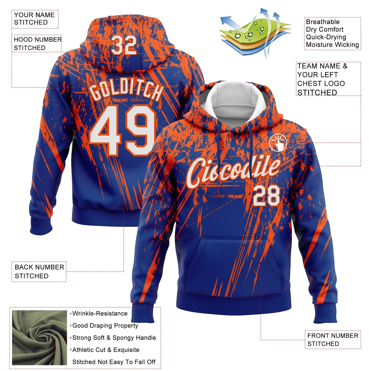 Custom Stitched Royal White-Orange 3D Pattern Design Splash Grunge Art Sports Pullover Sweatshirt Hoodie view 2