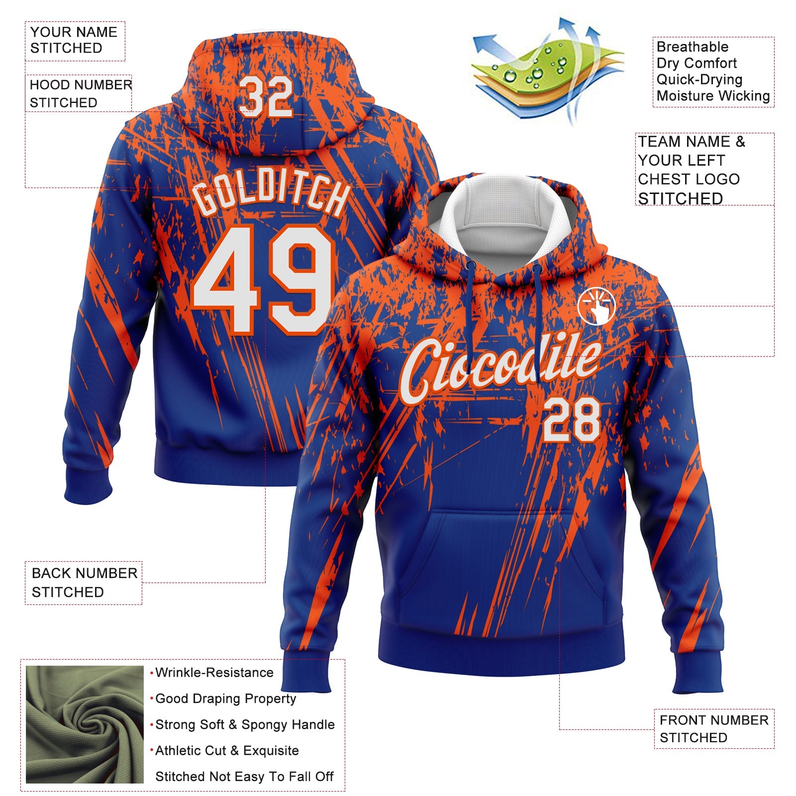 Custom Stitched Royal White-Orange 3D Pattern Design Splash Grunge Art Sports Pullover Sweatshirt Hoodie view 2