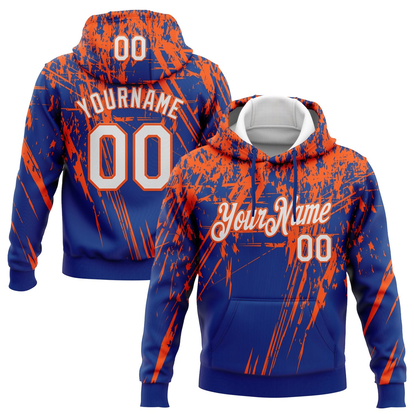 Custom Stitched Royal White-Orange 3D Pattern Design Splash Grunge Art Sports Pullover Sweatshirt Hoodie - Main View