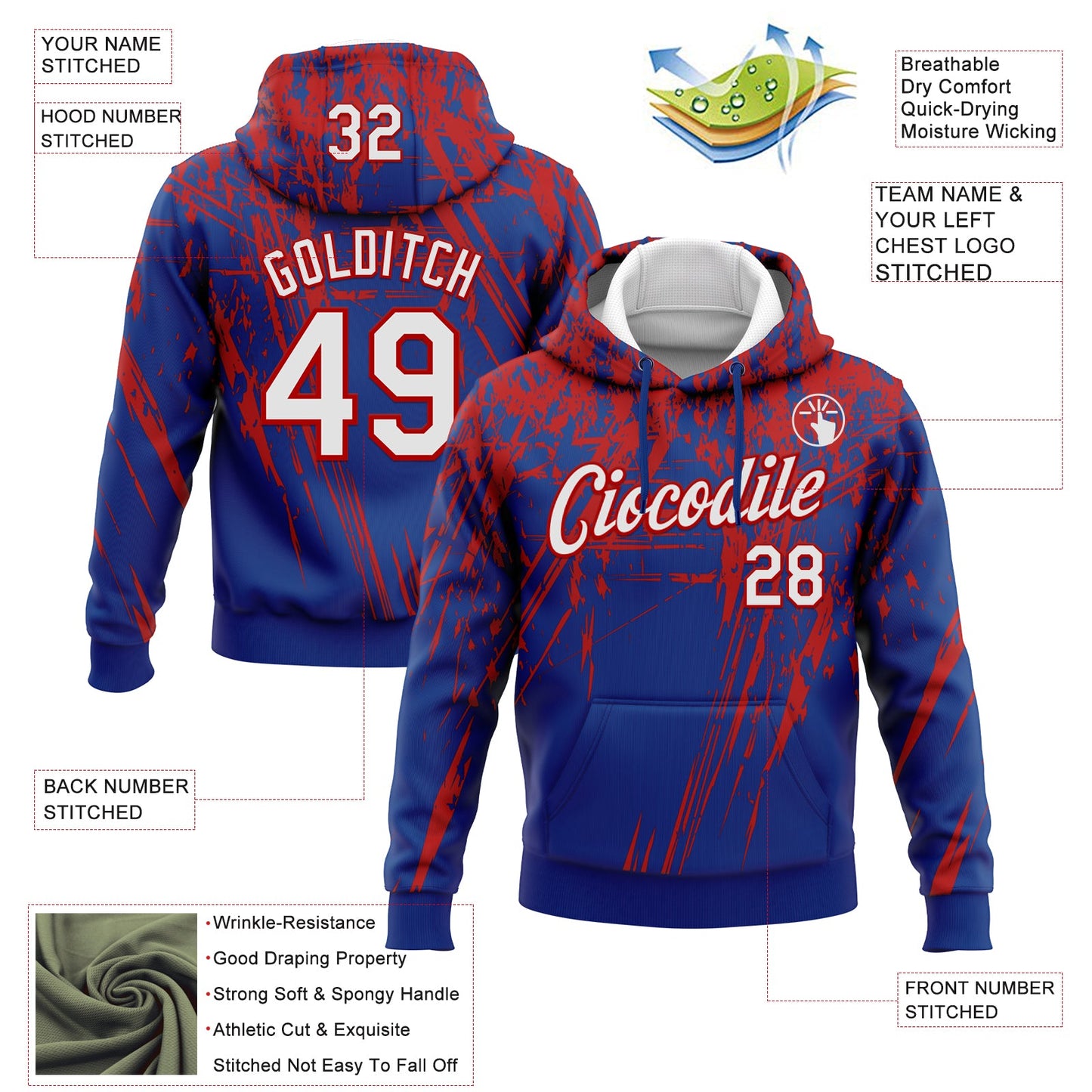 Custom Stitched Royal White-Red 3D Pattern Design Splash Grunge Art Sports Pullover Sweatshirt Hoodie view 2