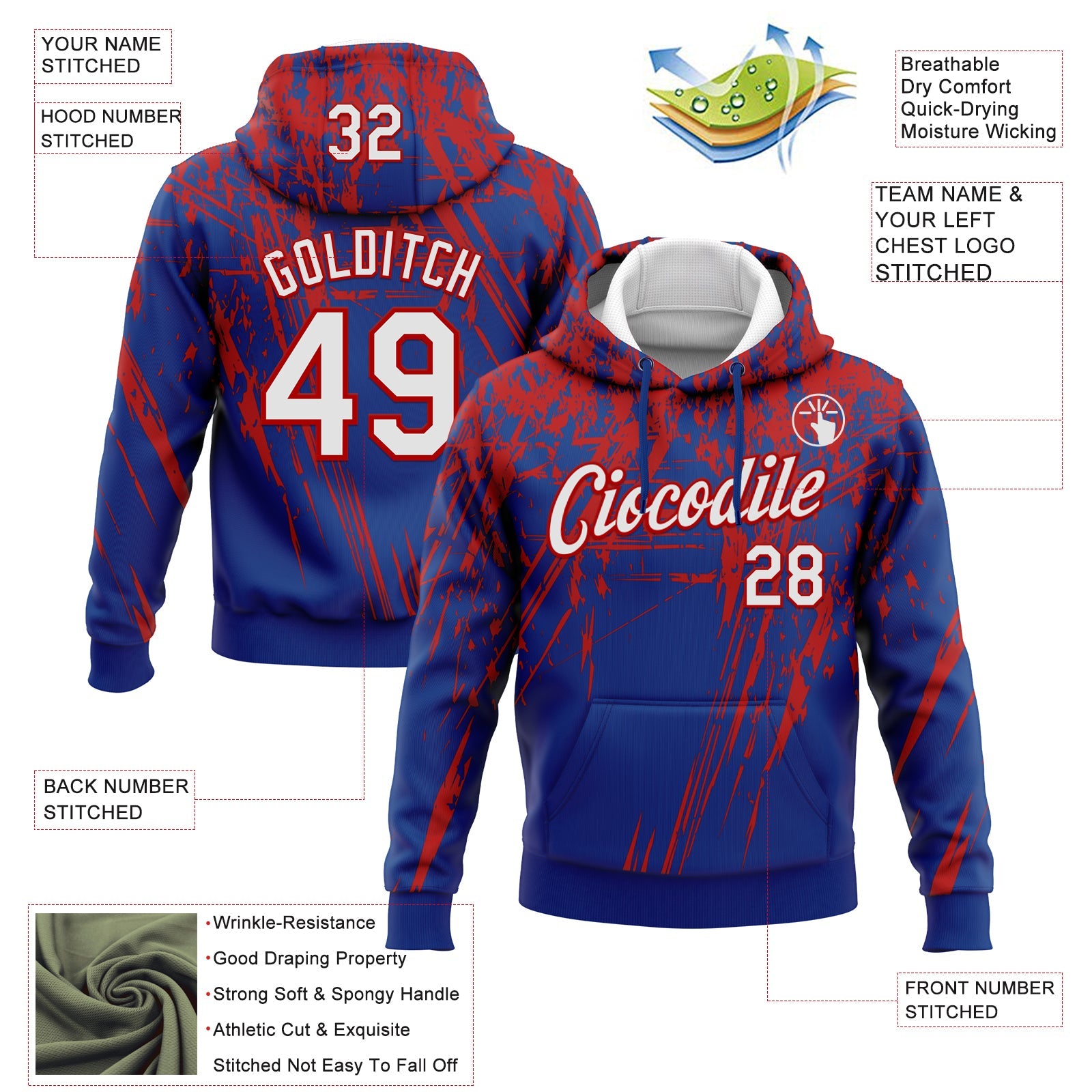 Custom Stitched Royal White-Red 3D Pattern Design Splash Grunge Art Sports Pullover Sweatshirt Hoodie view 2