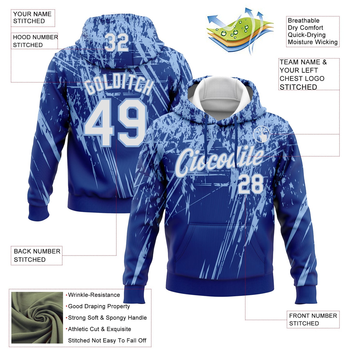 Custom Stitched Royal White-Light Blue 3D Pattern Design Splash Grunge Art Sports Pullover Sweatshirt Hoodie view 2