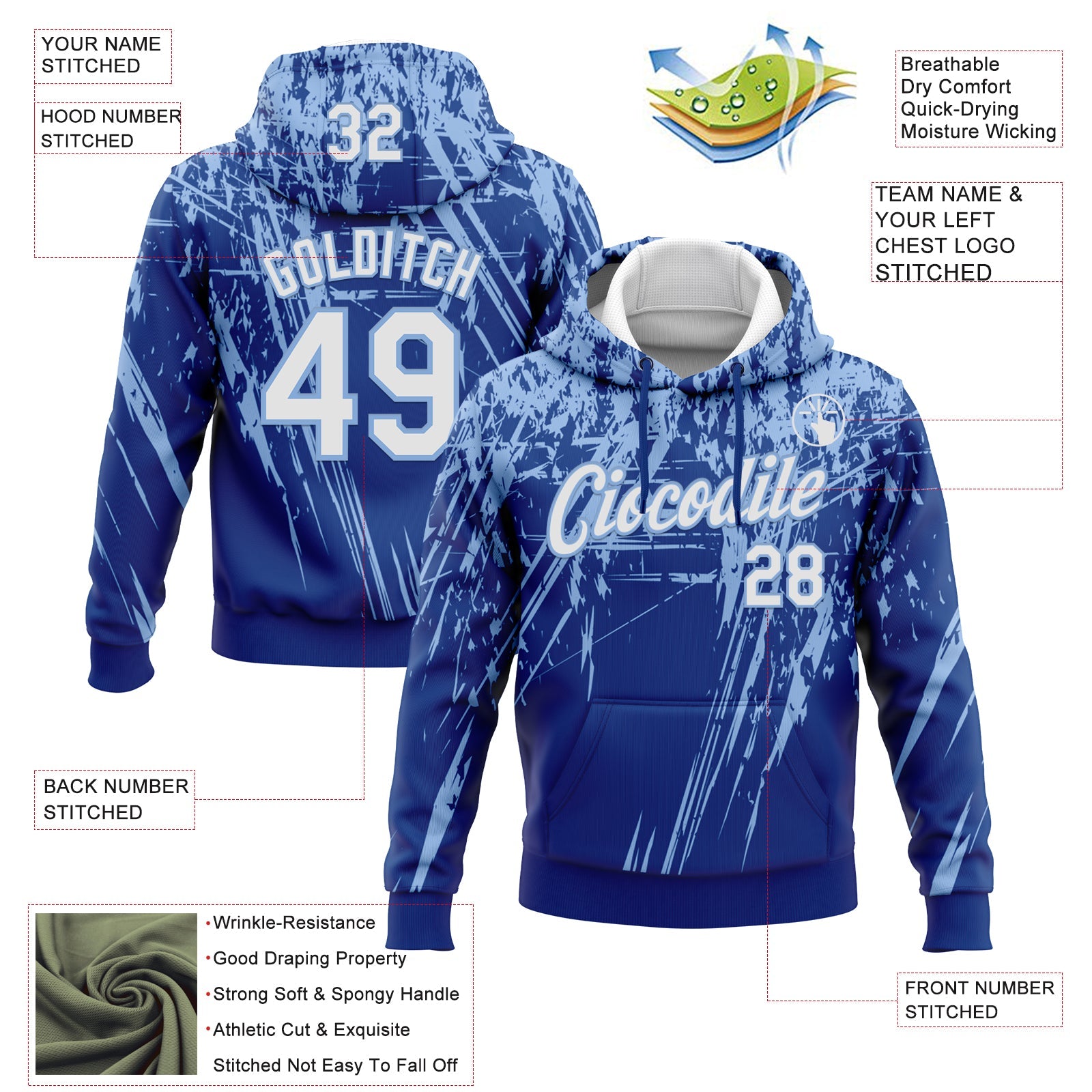 Custom Stitched Royal White-Light Blue 3D Pattern Design Splash Grunge Art Sports Pullover Sweatshirt Hoodie view 2