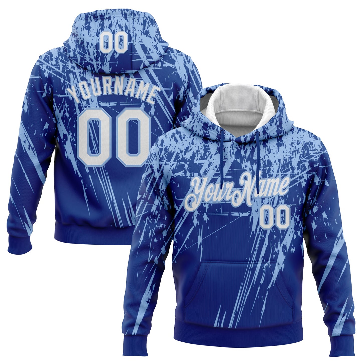 Custom Stitched Royal White-Light Blue 3D Pattern Design Splash Grunge Art Sports Pullover Sweatshirt Hoodie - Main View