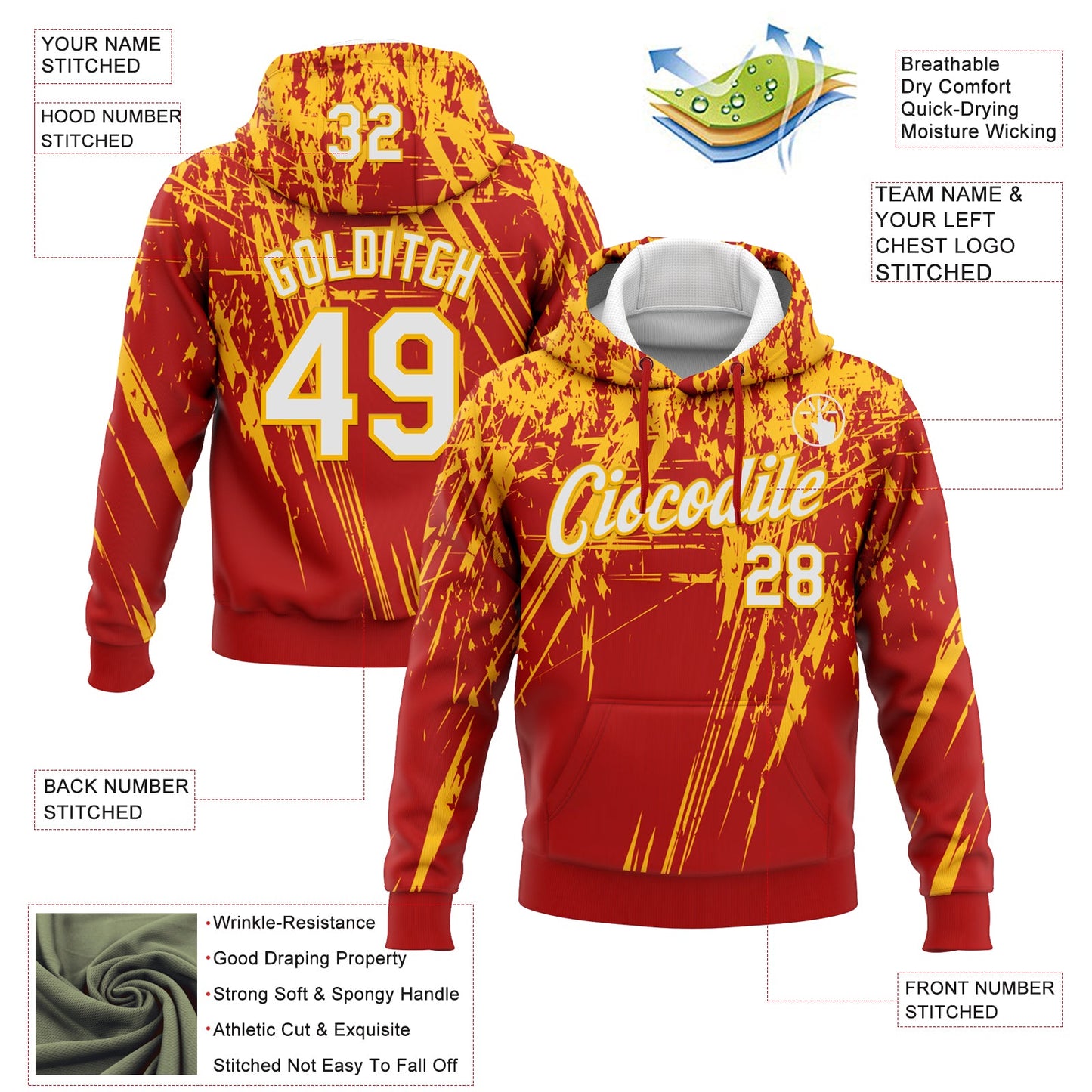 Custom Stitched Red White-Gold 3D Pattern Design Splash Grunge Art Sports Pullover Sweatshirt Hoodie view 2