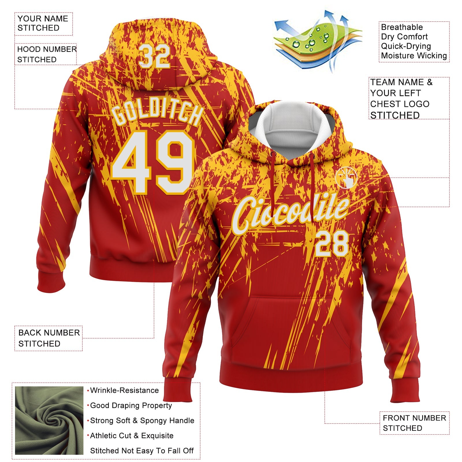 Custom Stitched Red White-Gold 3D Pattern Design Splash Grunge Art Sports Pullover Sweatshirt Hoodie view 2