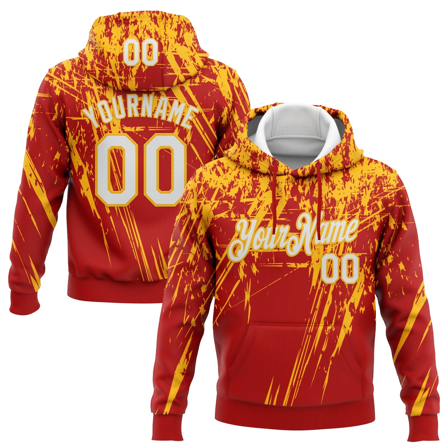 Custom Stitched Red White-Gold 3D Pattern Design Splash Grunge Art Sports Pullover Sweatshirt Hoodie - Main View