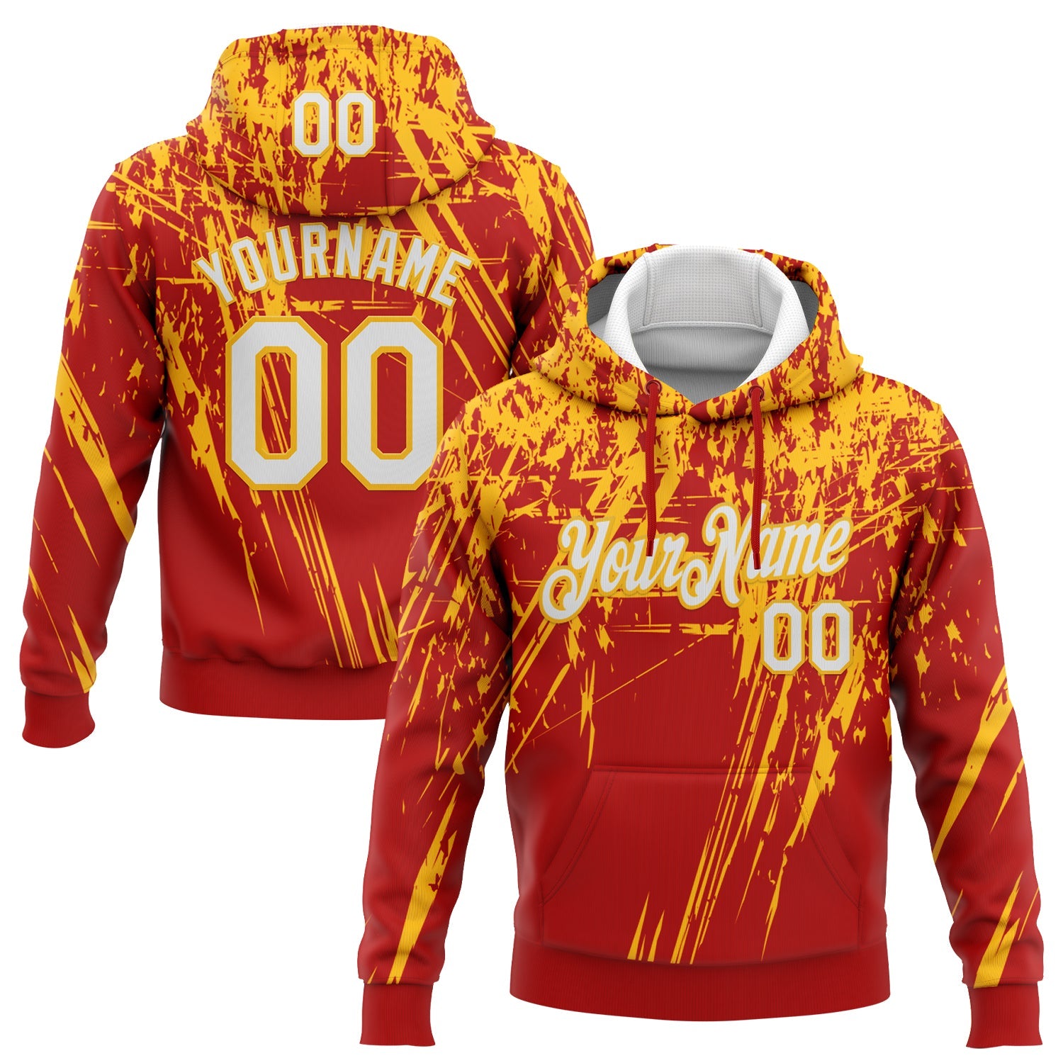 Custom Stitched Red White-Gold 3D Pattern Design Splash Grunge Art Sports Pullover Sweatshirt Hoodie - Main View