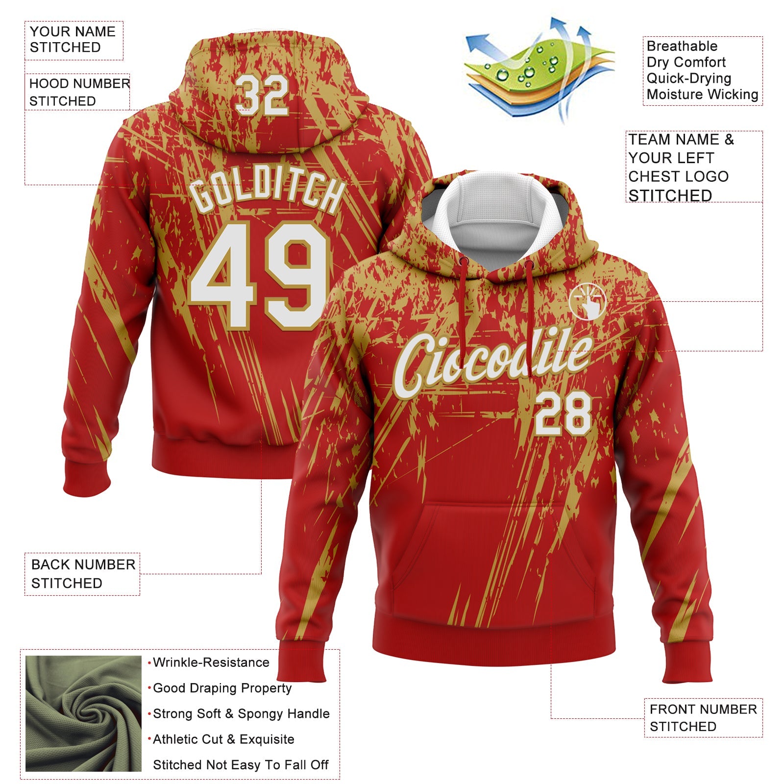Custom Stitched Red White-Old Gold 3D Pattern Design Splash Grunge Art Sports Pullover Sweatshirt Hoodie view 2