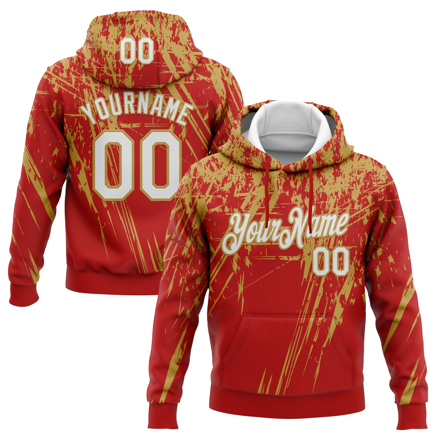 Custom Stitched Red White-Old Gold 3D Pattern Design Splash Grunge Art Sports Pullover Sweatshirt Hoodie - Main View