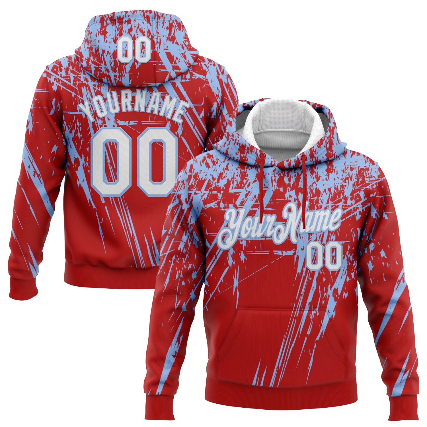 Custom Stitched Red White-Light Blue 3D Pattern Design Splash Grunge Art Sports Pullover Sweatshirt Hoodie - Main View