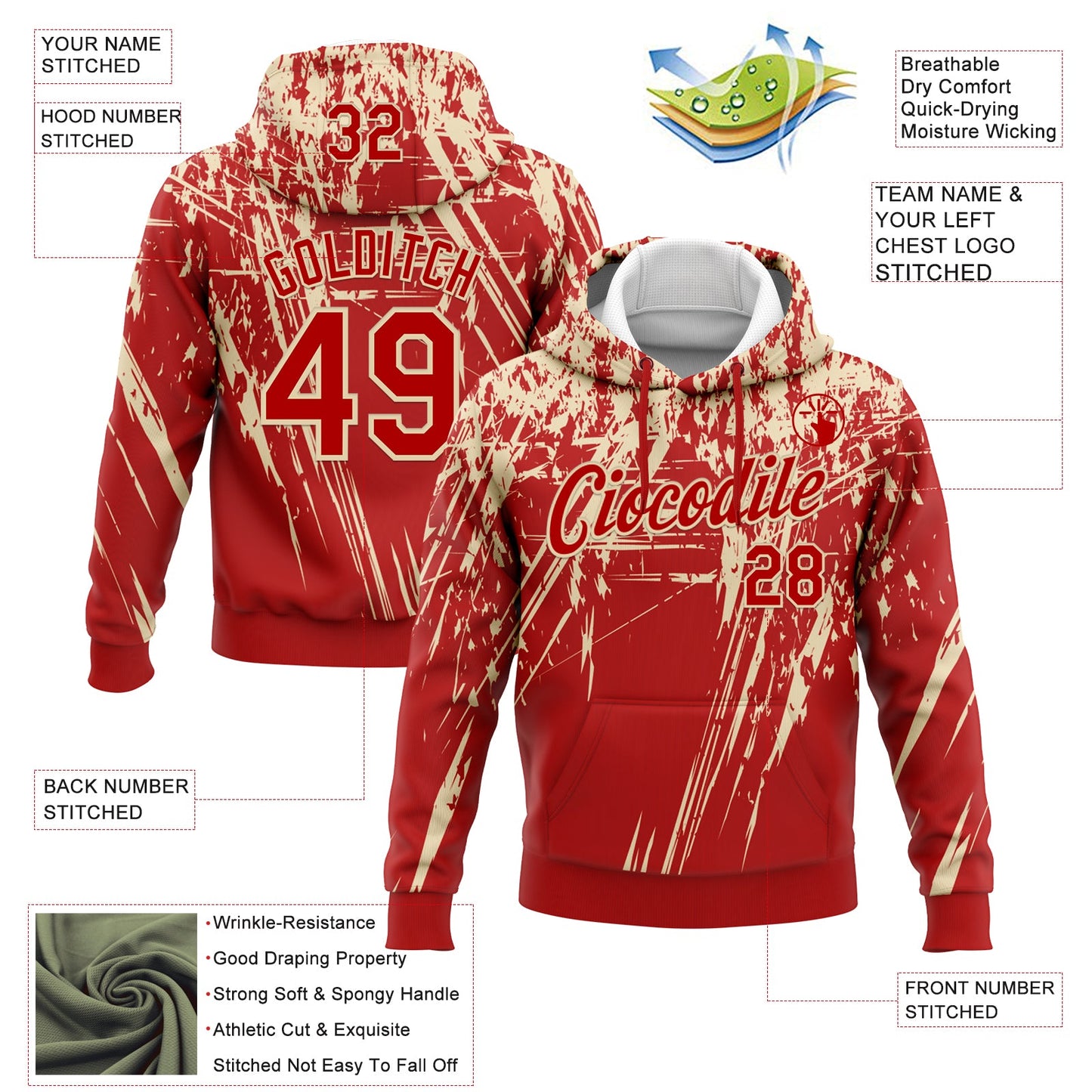 Custom Stitched Red Cream 3D Pattern Design Splash Grunge Art Sports Pullover Sweatshirt Hoodie view 2