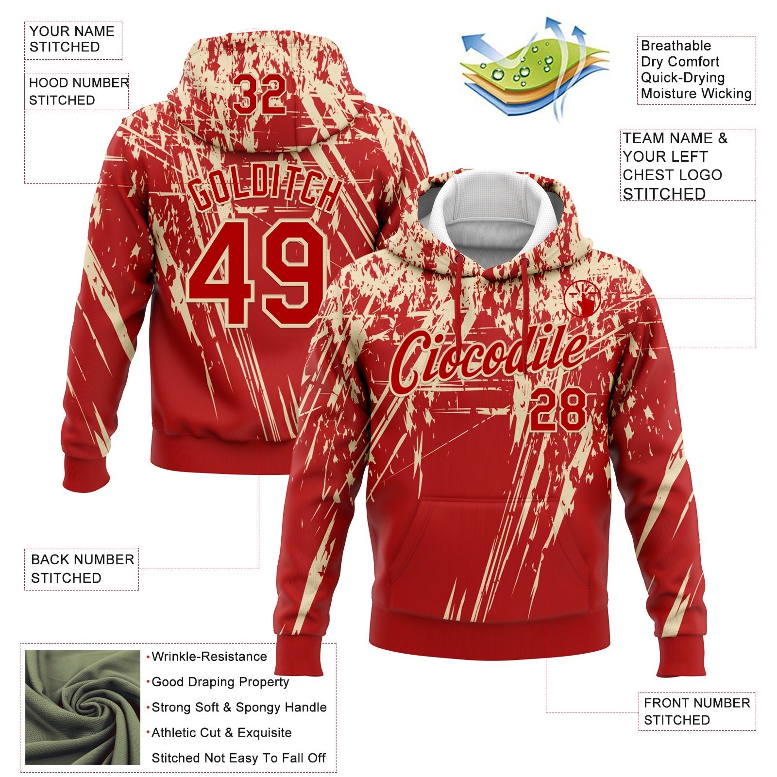 Custom Stitched Red Cream 3D Pattern Design Splash Grunge Art Sports Pullover Sweatshirt Hoodie view 2