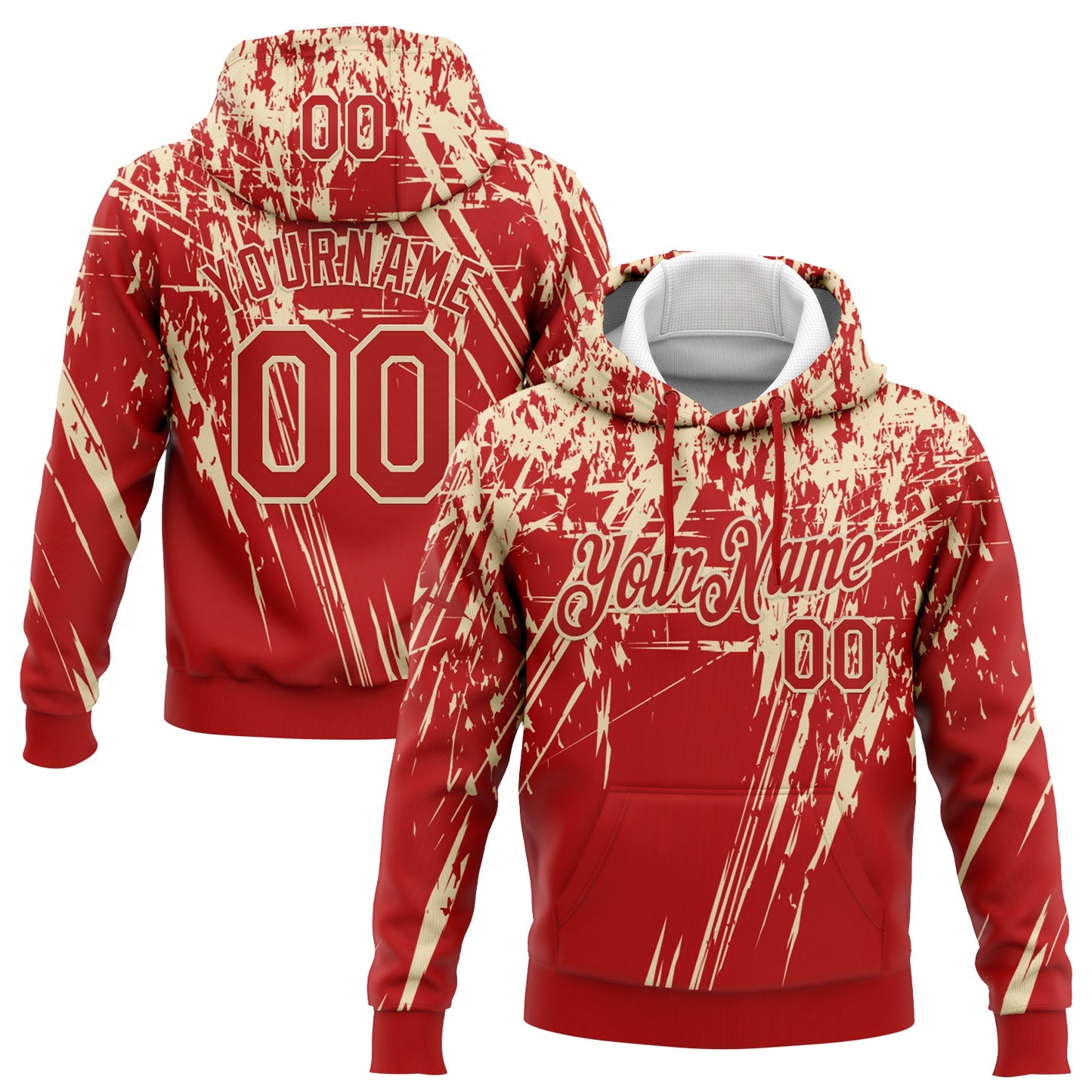 Custom Stitched Red Cream 3D Pattern Design Splash Grunge Art Sports Pullover Sweatshirt Hoodie - Main View