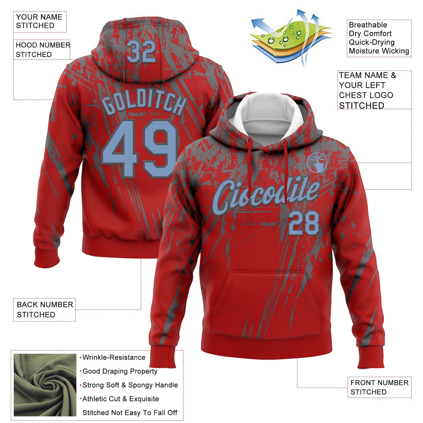 Custom Stitched Red Light Blue-Steel Gray 3D Pattern Design Splash Grunge Art Sports Pullover Sweatshirt Hoodie view 2