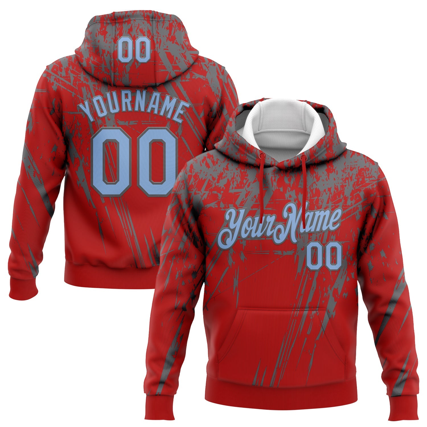 Custom Stitched Red Light Blue-Steel Gray 3D Pattern Design Splash Grunge Art Sports Pullover Sweatshirt Hoodie - Main View
