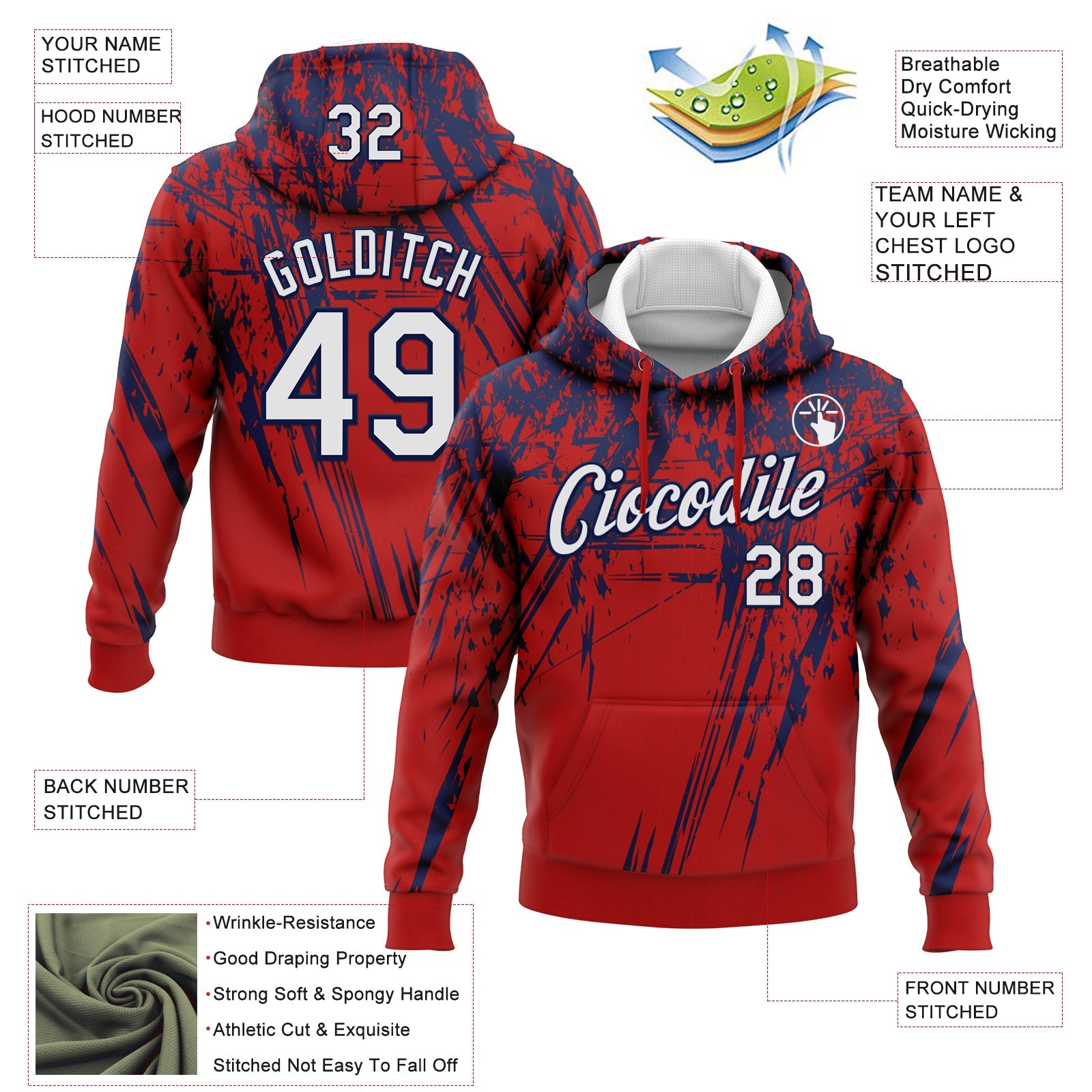 Custom Stitched Red White-Navy 3D Pattern Design Splash Grunge Art Sports Pullover Sweatshirt Hoodie view 2