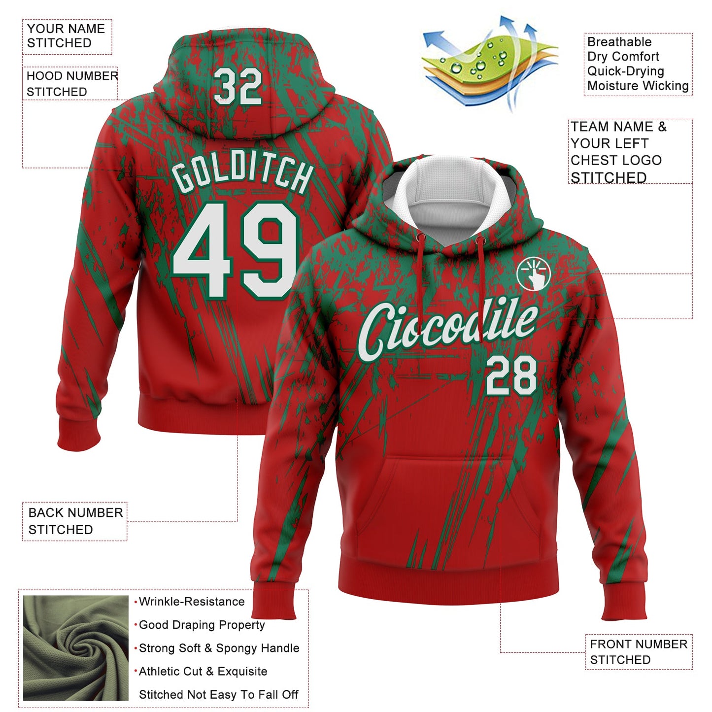Custom Stitched Red White-Kelly Green 3D Pattern Design Splash Grunge Art Sports Pullover Sweatshirt Hoodie view 2