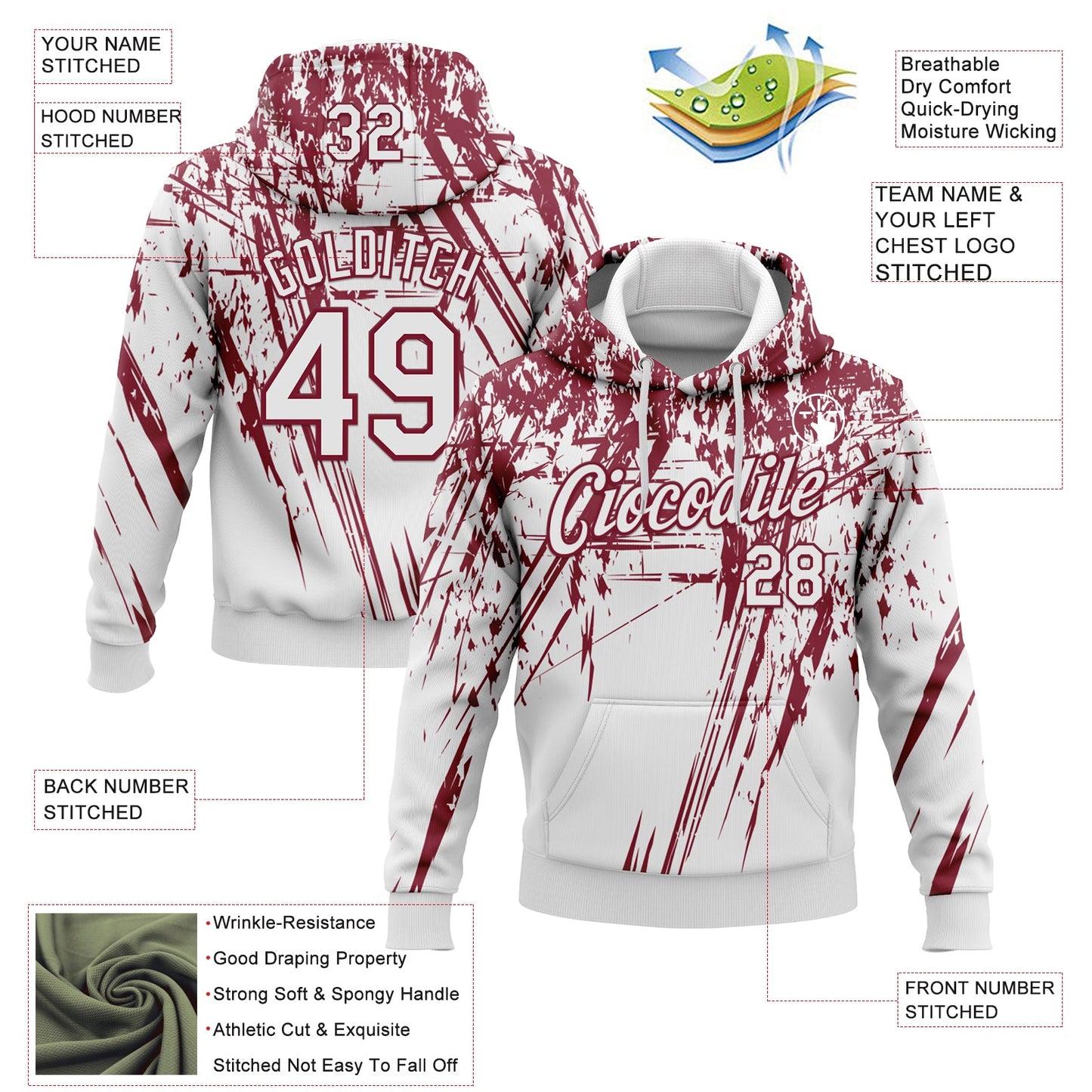 Custom Stitched White Crimson 3D Pattern Design Splash Grunge Art Sports Pullover Sweatshirt Hoodie view 2