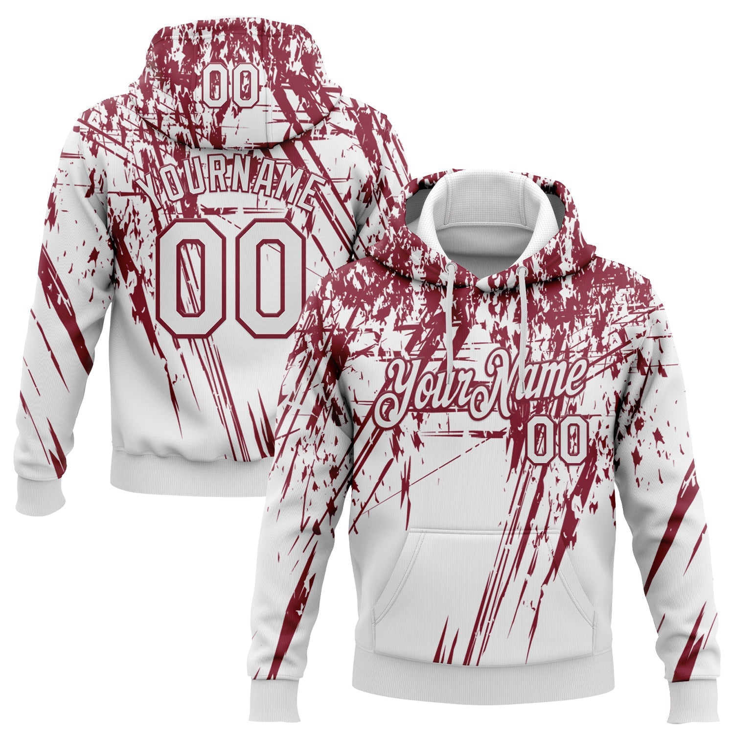 Custom Stitched White Crimson 3D Pattern Design Splash Grunge Art Sports Pullover Sweatshirt Hoodie - Main View
