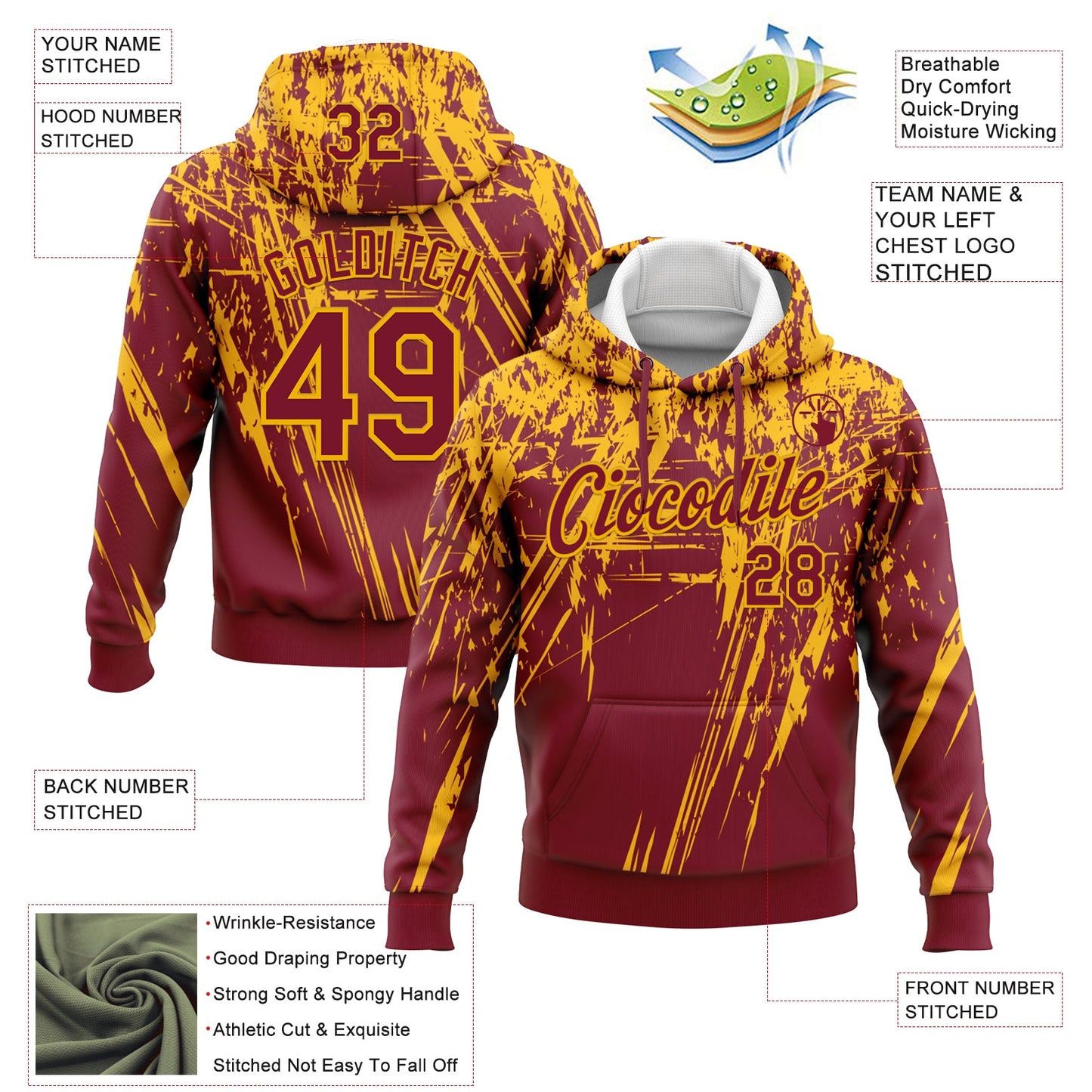Custom Stitched Crimson Gold 3D Pattern Design Splash Grunge Art Sports Pullover Sweatshirt Hoodie view 2