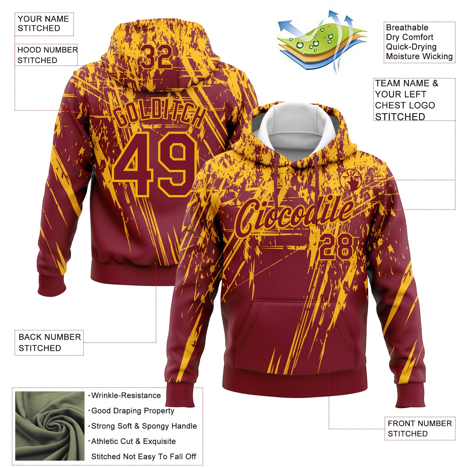 Custom Stitched Crimson Gold 3D Pattern Design Splash Grunge Art Sports Pullover Sweatshirt Hoodie view 2
