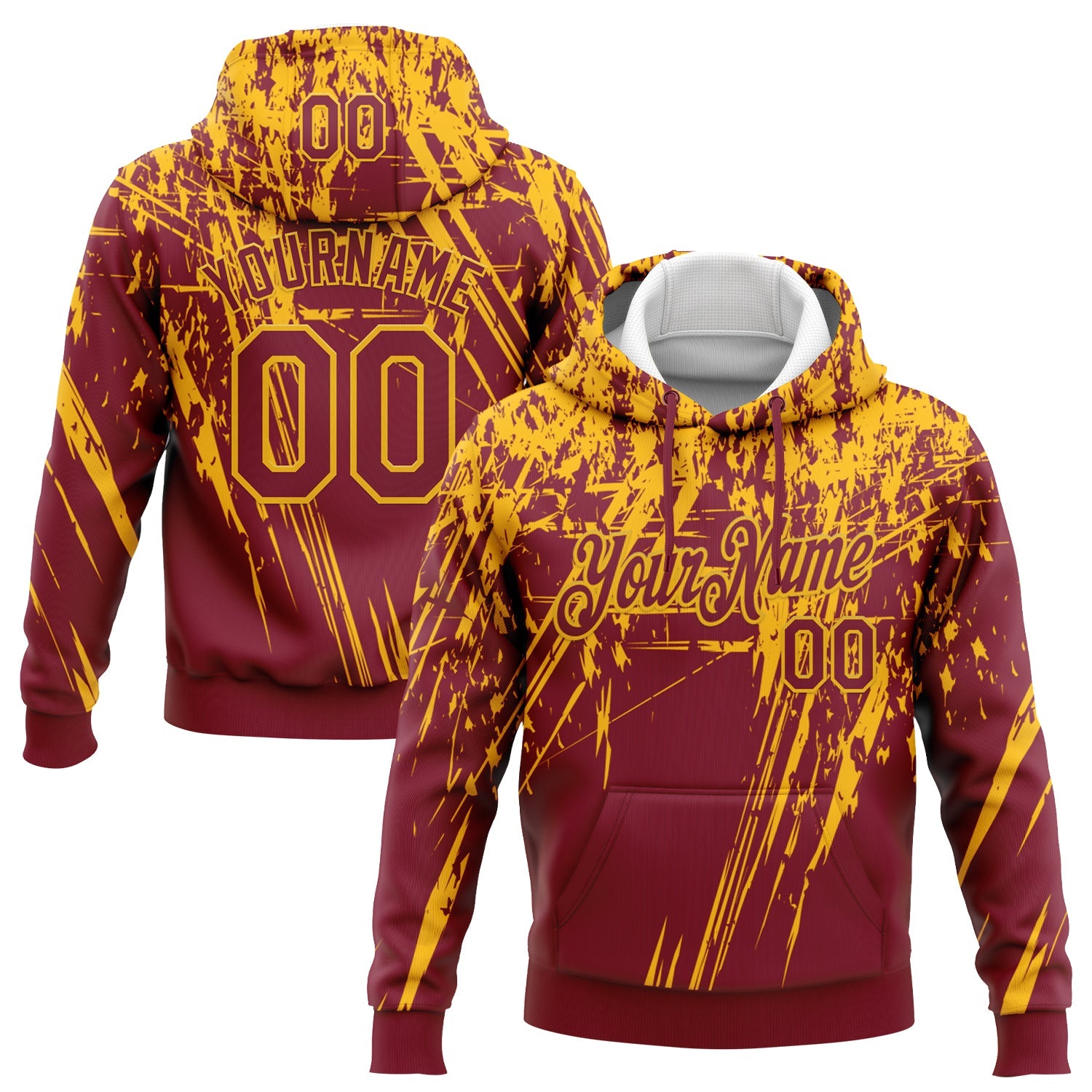 Custom Stitched Crimson Gold 3D Pattern Design Splash Grunge Art Sports Pullover Sweatshirt Hoodie - Main View