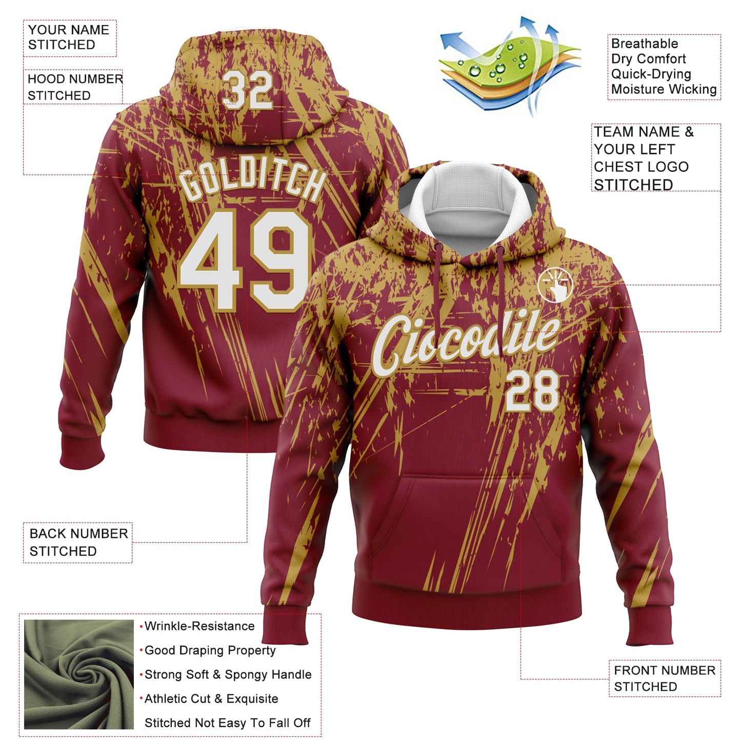Custom Stitched Crimson White-Old Gold 3D Pattern Design Splash Grunge Art Sports Pullover Sweatshirt Hoodie view 2